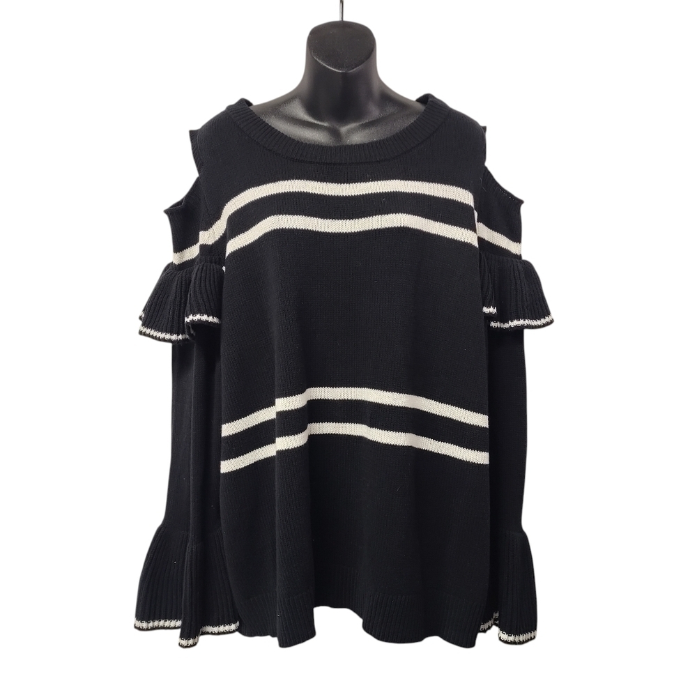CATO Womens Black White Stripe Sweater Cold Shoulders Ruffle Sleeves Size 22/24W